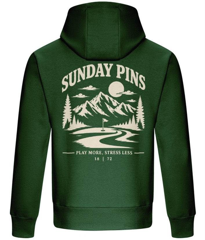 Green Sunday Pins hoodie with cream mountain golf artwork on the back